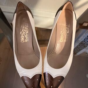Salvatore Ferragamo White and Brown Leather Two-Tone Pumps
